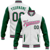 Custom White Kelly Green-Pink Bomber Full-Snap Varsity Letterman Two Tone Jacket