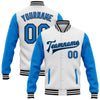 Custom White Powder Blue-Black Bomber Full-Snap Varsity Letterman Two Tone Jacket