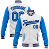 Custom White Powder Blue-Navy Bomber Full-Snap Varsity Letterman Two Tone Jacket