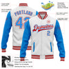 Custom White Powder Blue-Red Bomber Full-Snap Varsity Letterman Two Tone Jacket