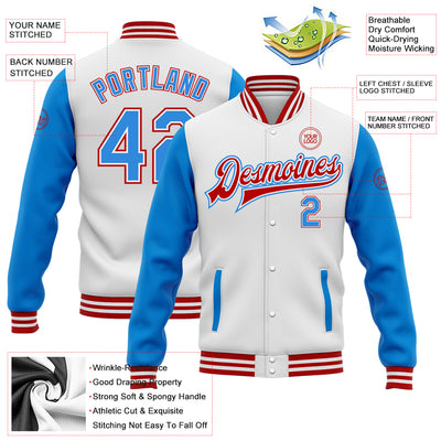 Custom White Powder Blue-Red Bomber Full-Snap Varsity Letterman Two Tone Jacket