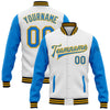 Custom White Powder Blue Gold-Black Bomber Full-Snap Varsity Letterman Two Tone Jacket