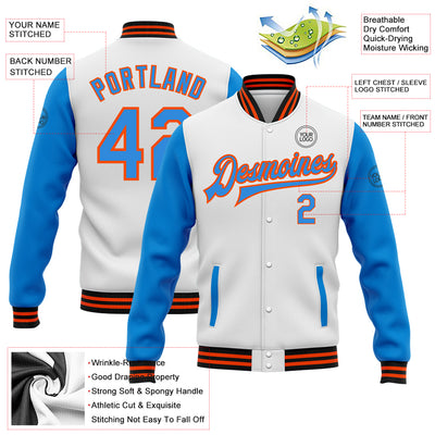 Custom White Powder Blue Orange-Black Bomber Full-Snap Varsity Letterman Two Tone Jacket