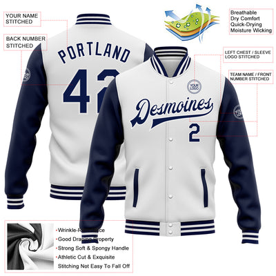 Custom White Navy Bomber Full-Snap Varsity Letterman Two Tone Jacket