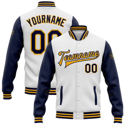 Custom White Navy-Gold Bomber Full-Snap Varsity Letterman Two Tone Jacket