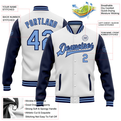 Custom White Light Blue-Navy Bomber Full-Snap Varsity Letterman Two Tone Jacket