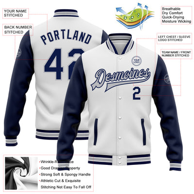 Custom White Navy-Gray Bomber Full-Snap Varsity Letterman Two Tone Jacket