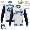 Custom White Navy Gray-Teal Bomber Full-Snap Varsity Letterman Two Tone Jacket