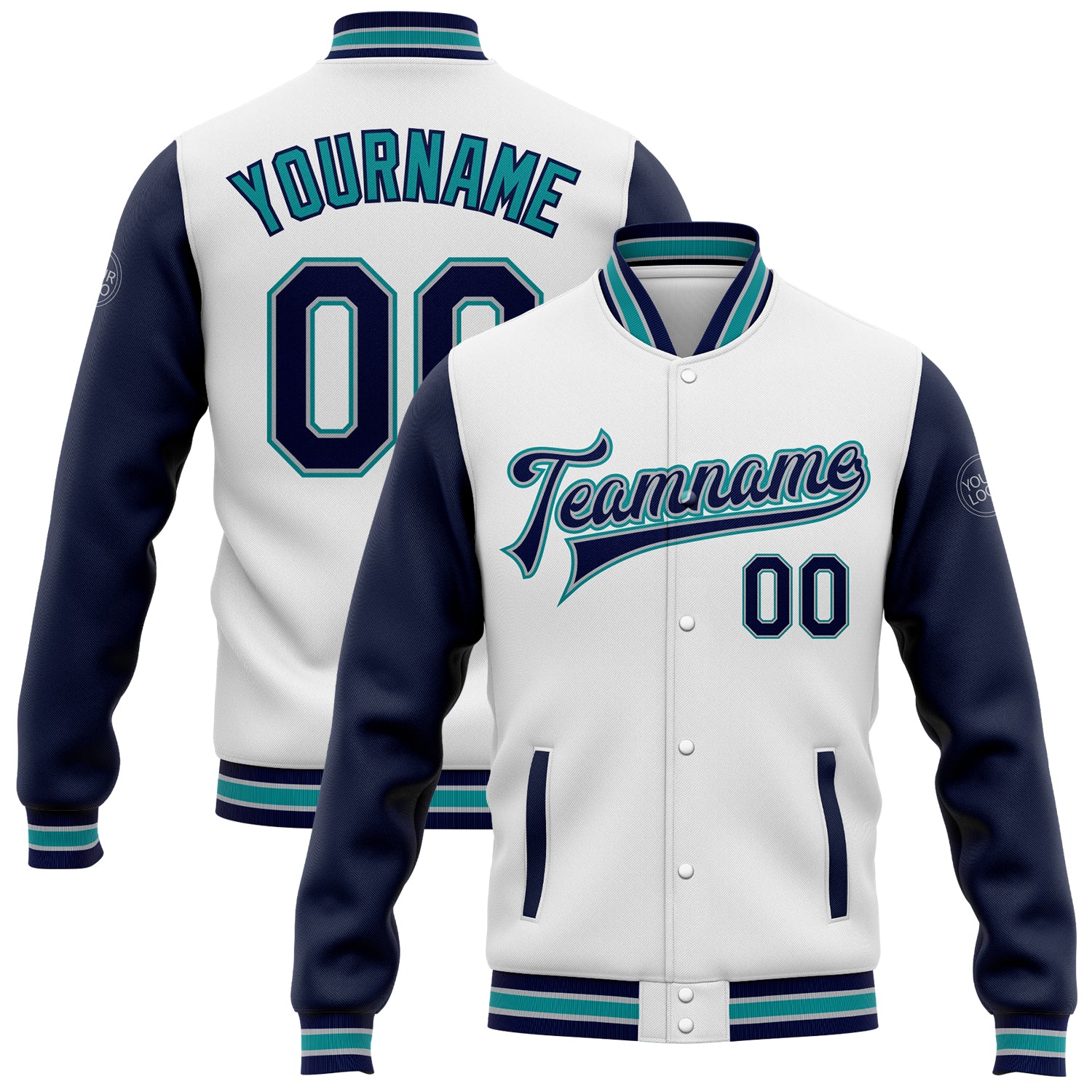 Custom Varsity Letterman Jacket Gray Teal-White Bomber Full-Snap Women's Size:S