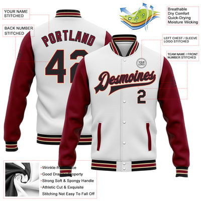 Custom White Black Crimson-City Cream Bomber Full-Snap Varsity Letterman Two Tone Jacket