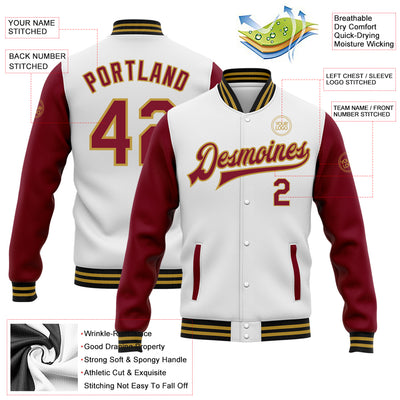 Custom White Crimson Old Gold-Black Bomber Full-Snap Varsity Letterman Two Tone Jacket