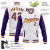 Custom White Purple-Gold Bomber Full-Snap Varsity Letterman Two Tone Jacket