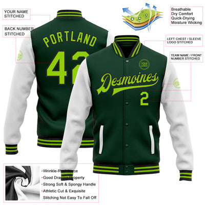 Custom Green Neon Green-Black Bomber Full-Snap Varsity Letterman Two Tone Jacket