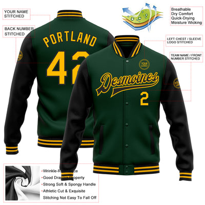 Custom Green Gold-Black Bomber Full-Snap Varsity Letterman Two Tone Jacket