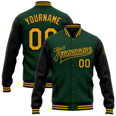 Custom Green Gold-Black Bomber Full-Snap Varsity Letterman Two Tone Jacket