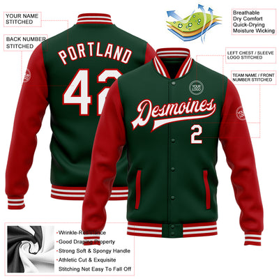 Personalised Green Varsity Jacket with Cherry Red Letter and White Outline  Dark College Letterman Coat Baseball American Fashion Clothing