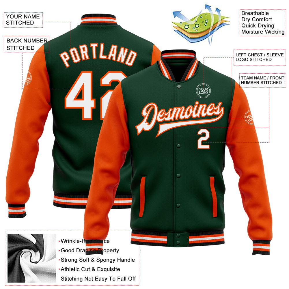 Custom Green White Orange-Black Bomber Full-Snap Varsity Letterman Two Tone Jacket