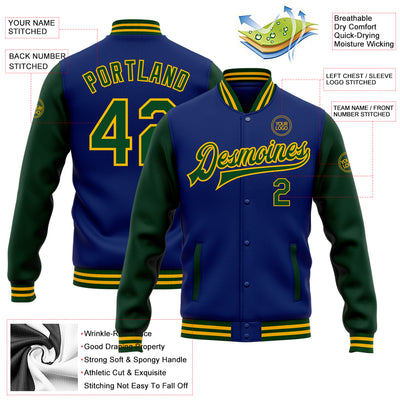 Custom Royal Green-Gold Bomber Full-Snap Varsity Letterman Two Tone Jacket