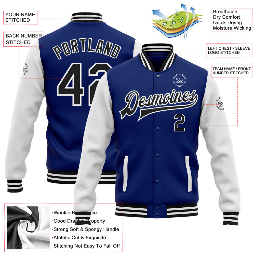 Custom Royal Black-White Bomber Full-Snap Varsity Letterman Two Tone Jacket