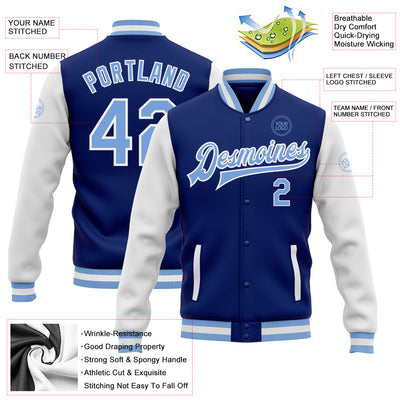 Custom Royal Light Blue-White Bomber Full-Snap Varsity Letterman Two Tone Jacket