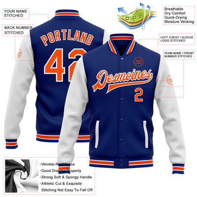 Custom Royal Orange-White Bomber Full-Snap Varsity Letterman Two Tone Jacket