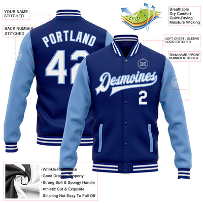 Custom Royal White-Light Blue Bomber Full-Snap Varsity Letterman Two Tone Jacket