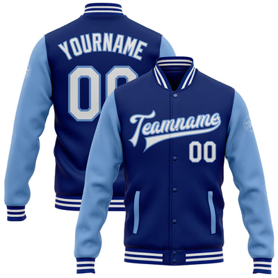 Custom Royal White-Light Blue Bomber Full-Snap Varsity Letterman Two Tone Jacket