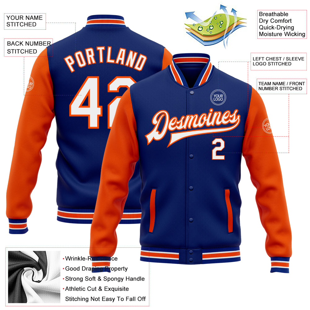 Custom Royal White-Orange Bomber Full-Snap Varsity Letterman Two Tone Jacket