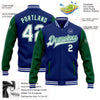 Custom Royal White-Kelly Green Bomber Full-Snap Varsity Letterman Two Tone Jacket