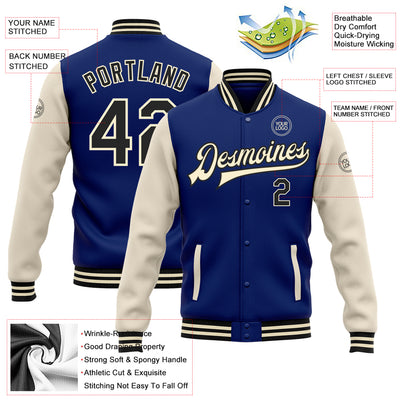 Custom Royal Black-Cream Bomber Full-Snap Varsity Letterman Two Tone Jacket