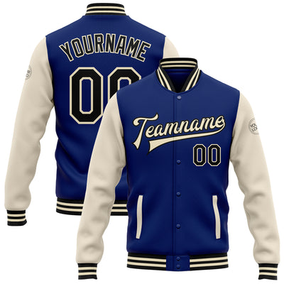 Custom Royal Black-Cream Bomber Full-Snap Varsity Letterman Two Tone Jacket