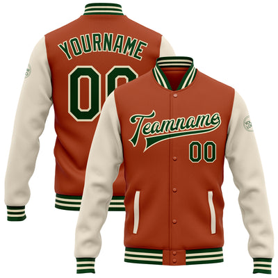 Custom Texas Orange Green-Cream Bomber Full-Snap Varsity Letterman Two Tone Jacket