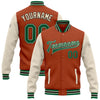 Custom Texas Orange Kelly Green Cream-Black Bomber Full-Snap Varsity Letterman Two Tone Jacket