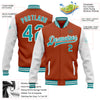 Custom Texas Orange Teal-White Bomber Full-Snap Varsity Letterman Two Tone Jacket