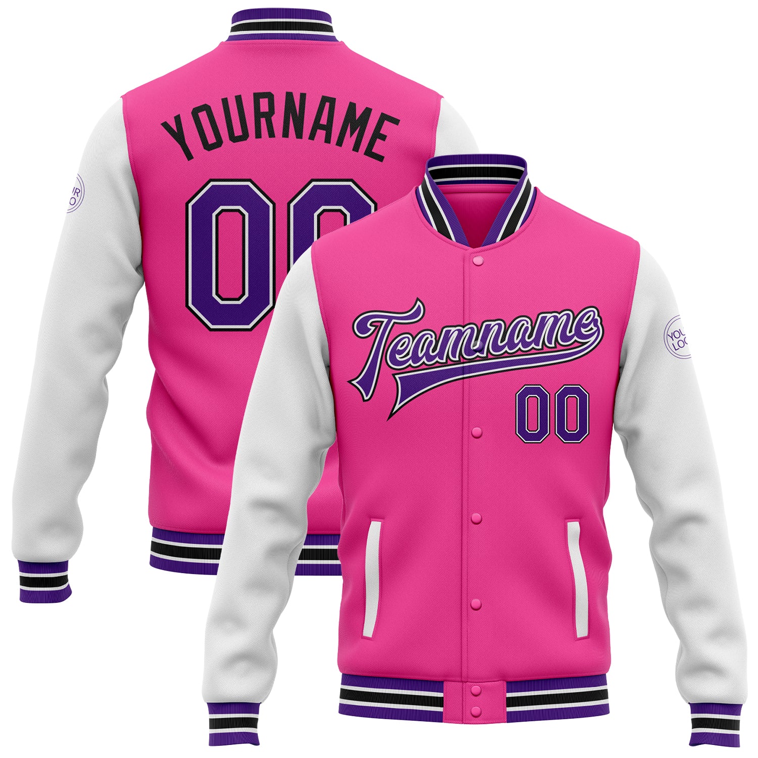 Cheap Custom Purple Pink-White Bomber Full-Snap Varsity Letterman