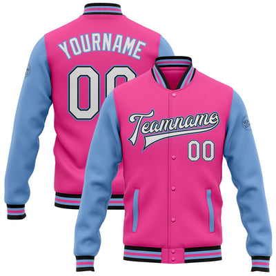 Custom Pink White Black-Light Blue Bomber Full-Snap Varsity Letterman Two Tone Jacket