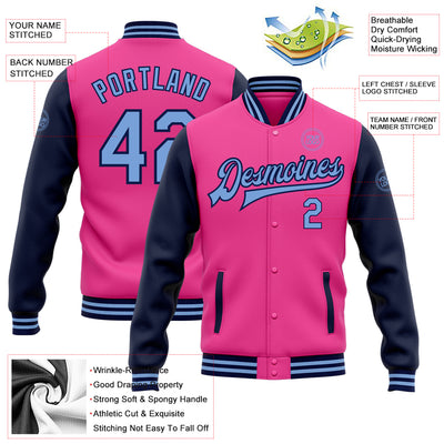 Custom Pink Light Blue-Navy Bomber Full-Snap Varsity Letterman Two Tone Jacket