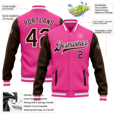 Custom Pink Brown-White Bomber Full-Snap Varsity Letterman Two Tone Jacket