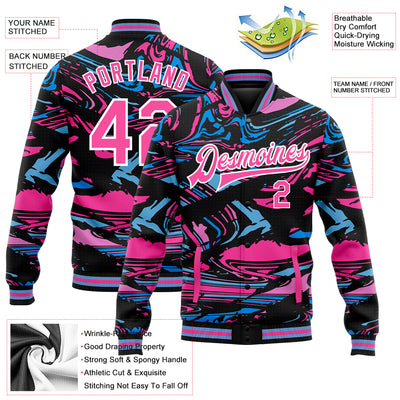 Custom Figure Pink-Light Blue 3D Pattern Design Bomber Full-Snap Varsity Letterman Jacket