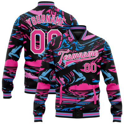 Custom Figure Pink-Light Blue 3D Pattern Design Bomber Full-Snap Varsity Letterman Jacket