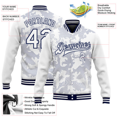 Custom White Navy 3D Pattern Design Bomber Full-Snap Varsity Letterman Jacket