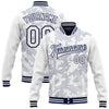 Custom White Navy 3D Pattern Design Bomber Full-Snap Varsity Letterman Jacket