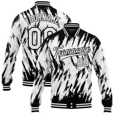 Custom White Black 3D Pattern Design Bomber Full-Snap Varsity Letterman Jacket