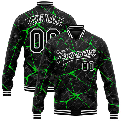 Custom Black Neon Green 3D Pattern Design Bomber Full-Snap Varsity Letterman Jacket