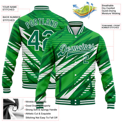 Custom Kelly Green White 3D Pattern Design Bomber Full-Snap Varsity Letterman Jacket