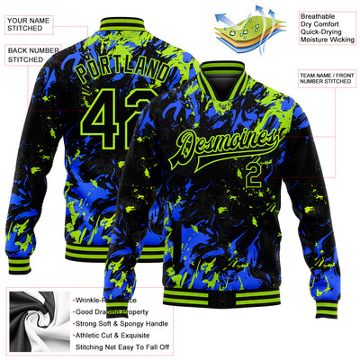 Custom Black Neon Green-Royal 3D Pattern Design Bomber Full-Snap Varsity Letterman Jacket