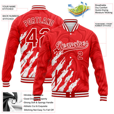 Custom Red White 3D Pattern Design Bomber Full-Snap Varsity Letterman Jacket