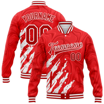 Custom Red White 3D Pattern Design Bomber Full-Snap Varsity Letterman Jacket