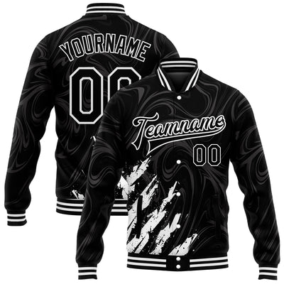 Custom Black White 3D Pattern Design Bomber Full-Snap Varsity Letterman Jacket