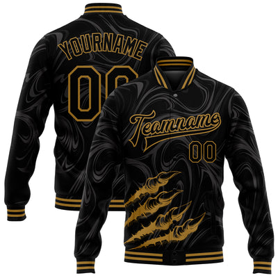 Custom Black Old Gold Beast Claws 3D Pattern Design Bomber Full-Snap Varsity Letterman Jacket